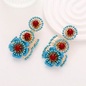 ZARA BOHEMIAN RETRO ETHNIC STYLE TURQUOISE FLOWER EARRINGS NWT❗️